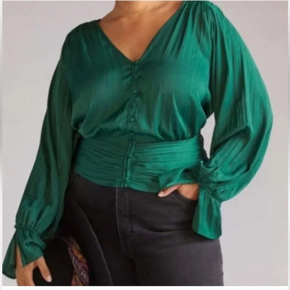 Anthropologie Emerald Green Satin Blouse